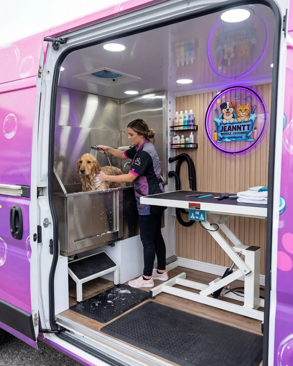 Inside the Jeanntt van — bathing a golden retriever